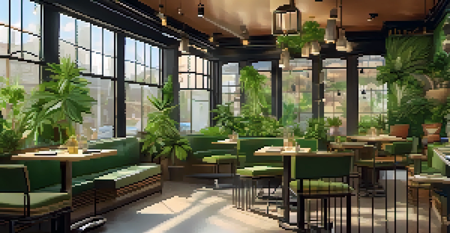 Interior of a cozy cannabis cafe with comfortable seating, large windows, and cannabis-themed artwork on the walls.
