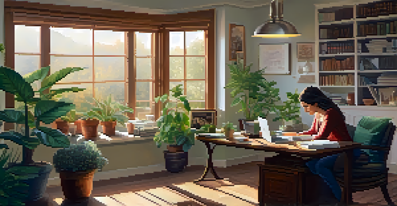 A woman in a cozy home office reviewing health information on her laptop.