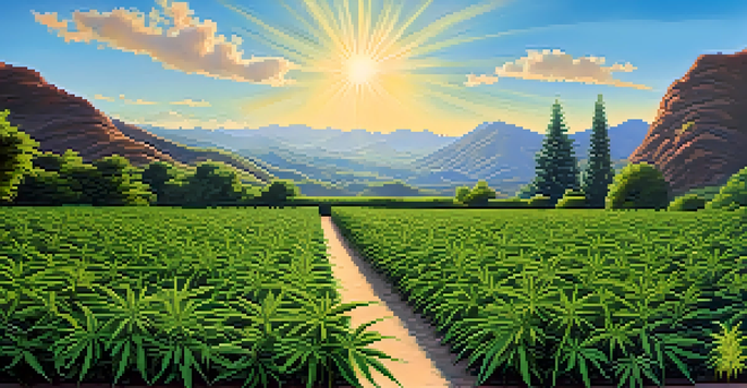 A vibrant outdoor garden filled with healthy green marijuana plants under a clear blue sky, with sunlight enhancing their growth.