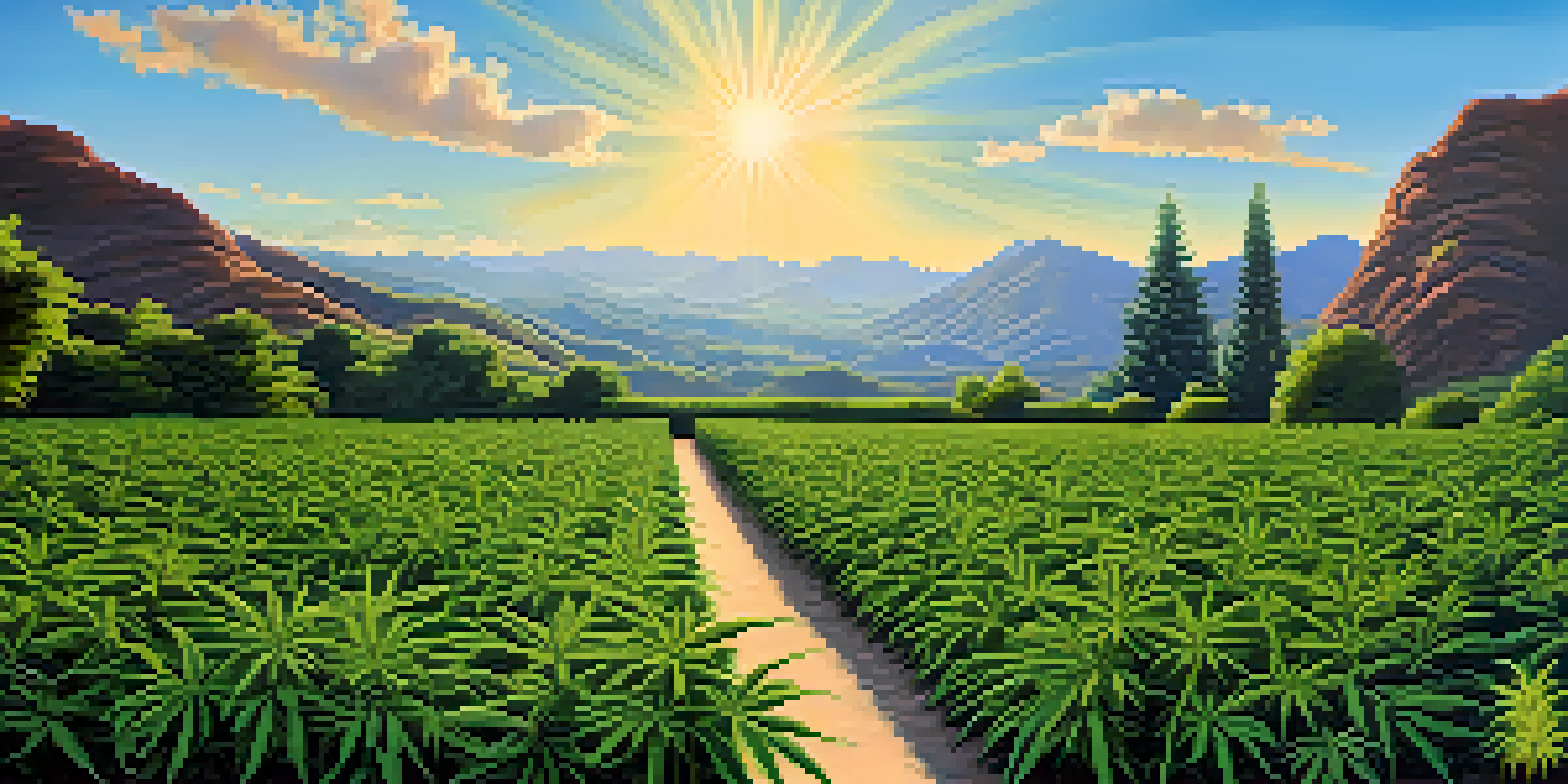 A vibrant outdoor garden filled with healthy green marijuana plants under a clear blue sky, with sunlight enhancing their growth.