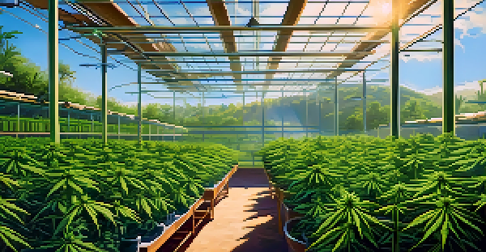 A sustainable marijuana farm with rows of green cannabis plants under a bright blue sky, emphasizing eco-friendly cultivation methods.