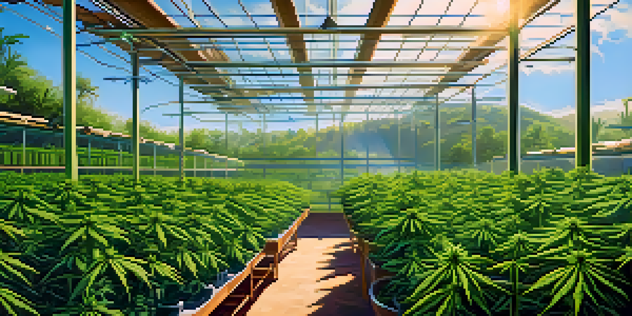 A sustainable marijuana farm with rows of green cannabis plants under a bright blue sky, emphasizing eco-friendly cultivation methods.