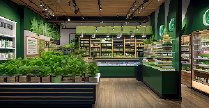 A bright and inviting cannabis shop with colorful product displays and diverse customers interacting with staff.