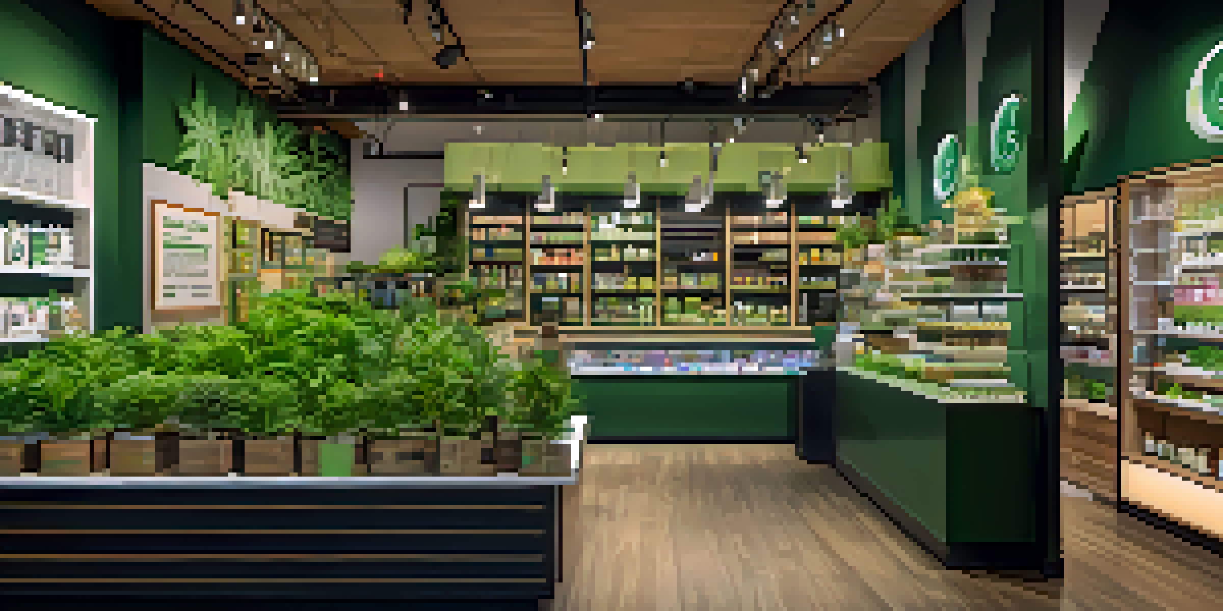 A bright and inviting cannabis shop with colorful product displays and diverse customers interacting with staff.