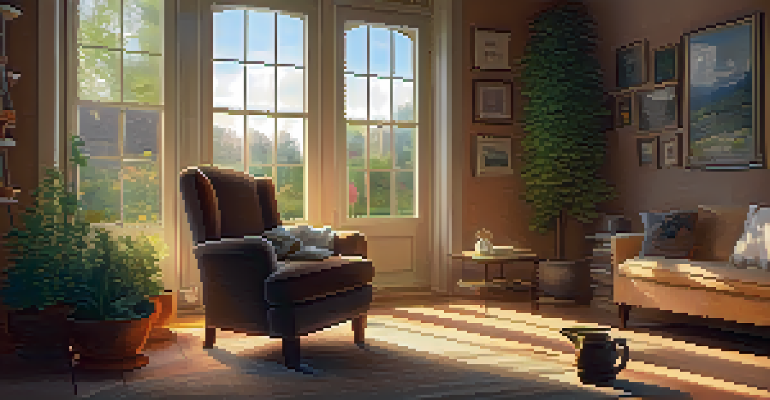 A cozy room with an armchair and a table with tea, showing a sunny garden through the window.