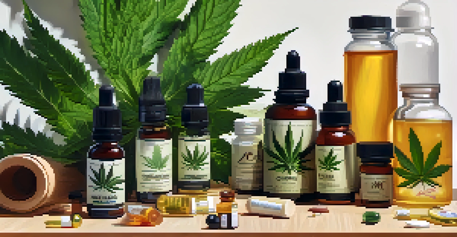 An artistic arrangement of CBD and THC products on a wooden surface, featuring oils, capsules, and edibles with a potted cannabis plant in the background.