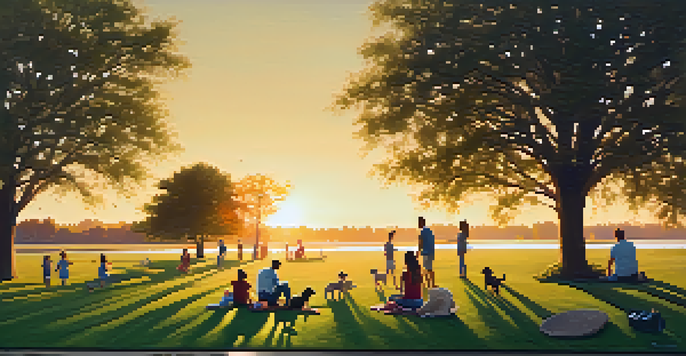 A community park at sunset with families picnicking, children playing, and a couple walking a dog.