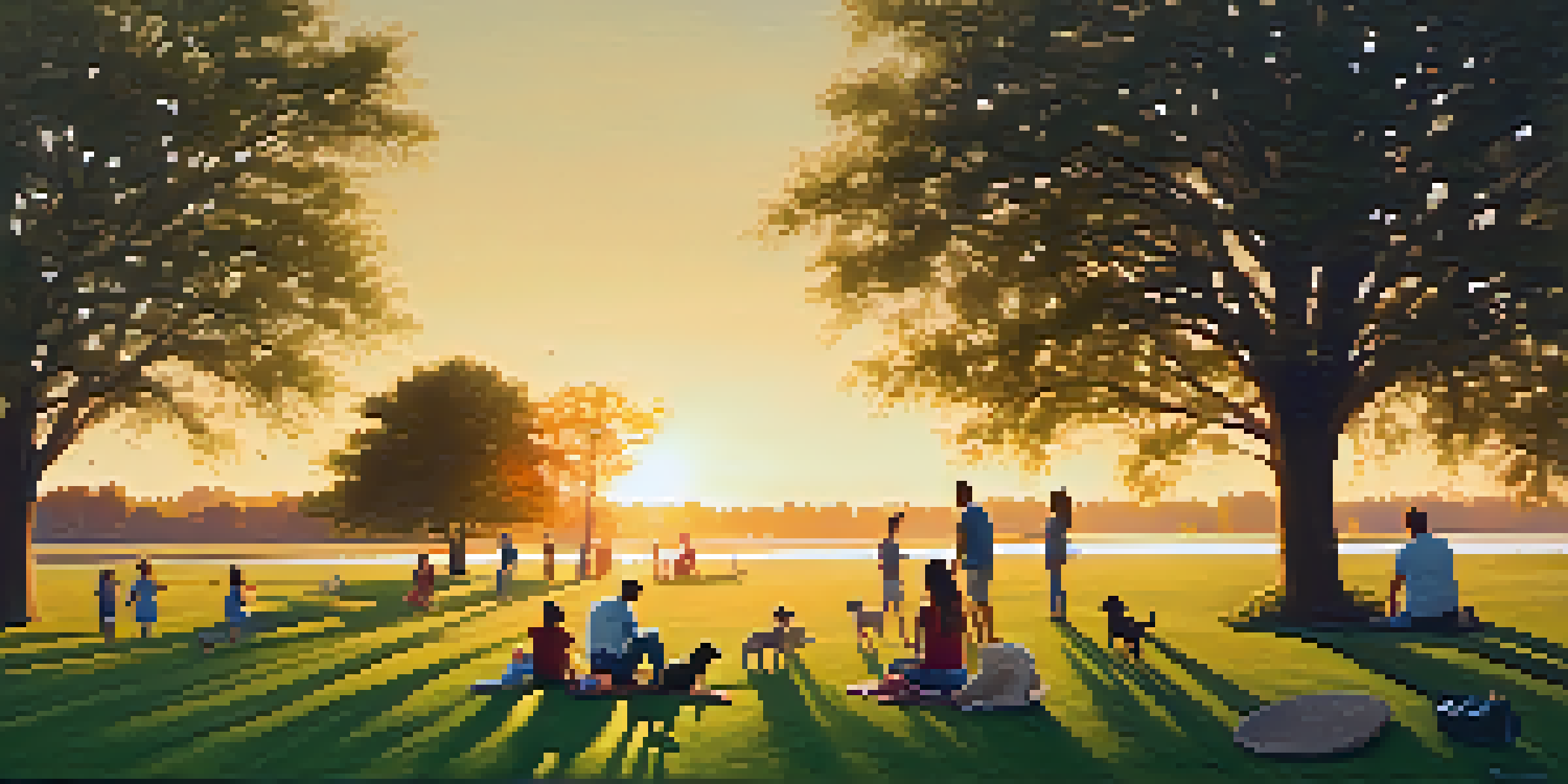 A community park at sunset with families picnicking, children playing, and a couple walking a dog.