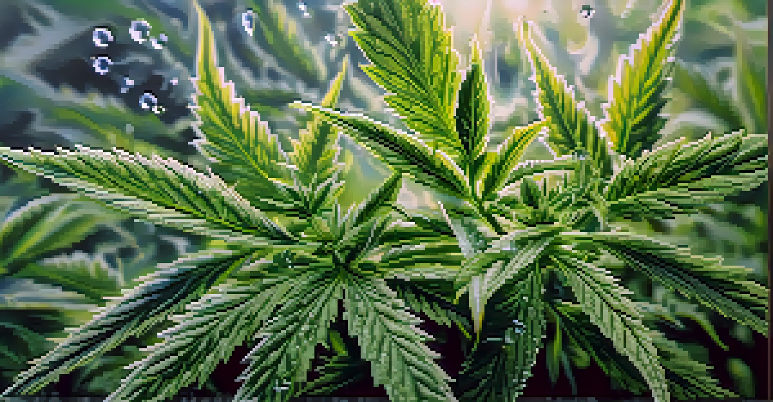 A close-up view of cannabis plants featuring detailed leaves and buds with morning dew glistening under soft sunlight.