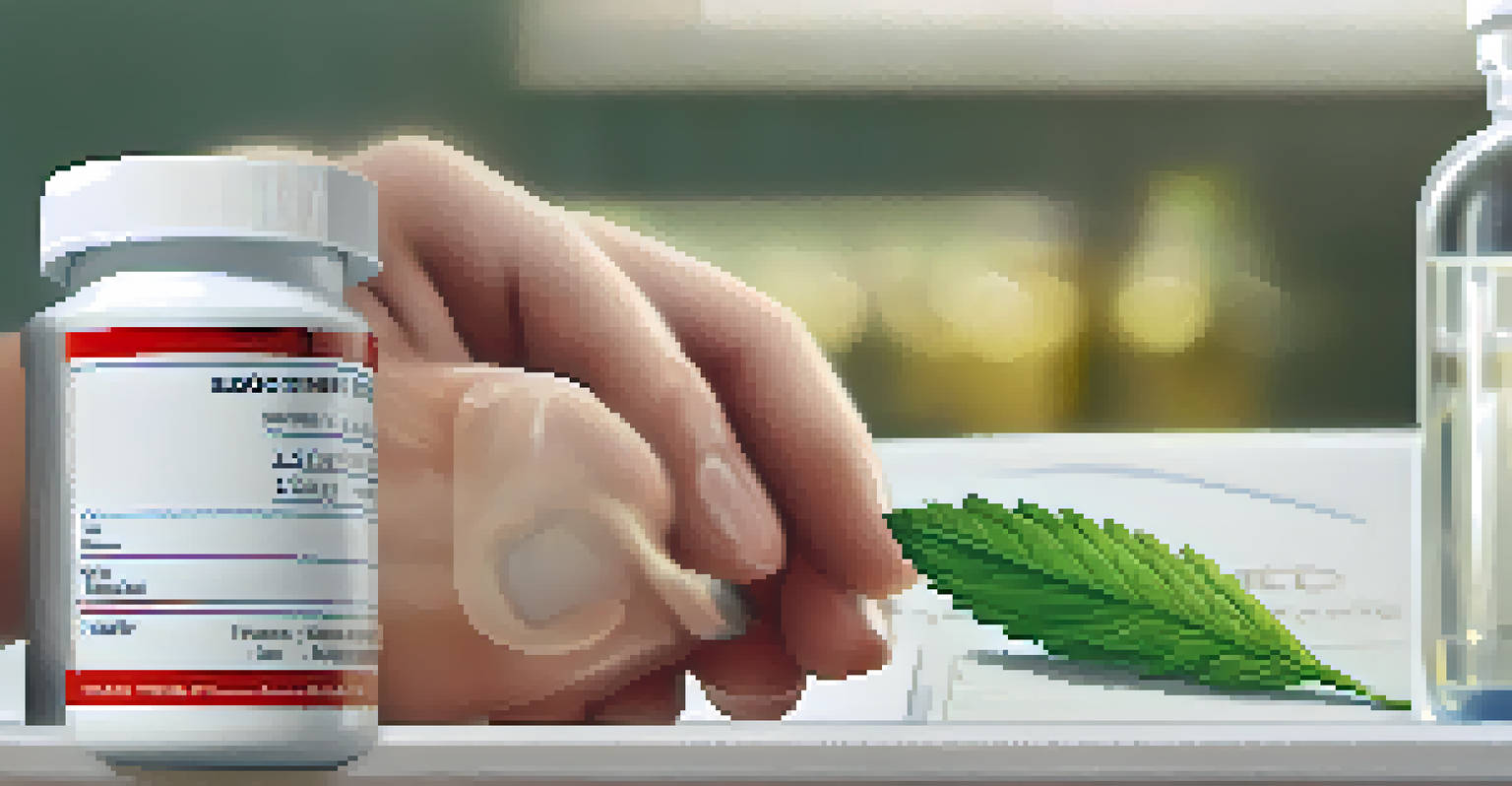 A close-up of a hand holding a prescription bottle for blood thinners next to a marijuana leaf, set against a blurred doctor's office.