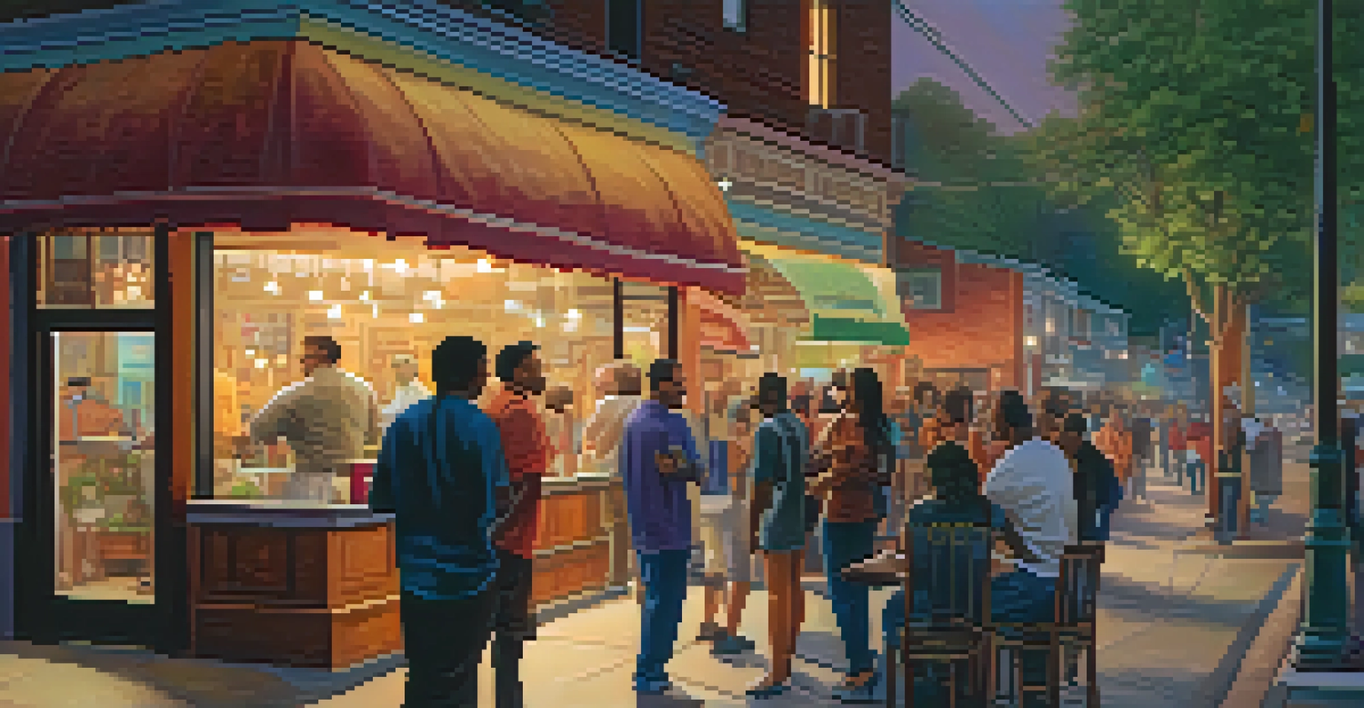 A lively street scene at dusk with people chatting and colorful murals in the background, creating a vibrant community atmosphere.