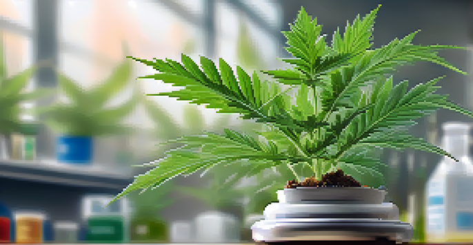 A close-up of a medical marijuana plant with rich green leaves and trichomes, set against a blurred background of lab equipment.