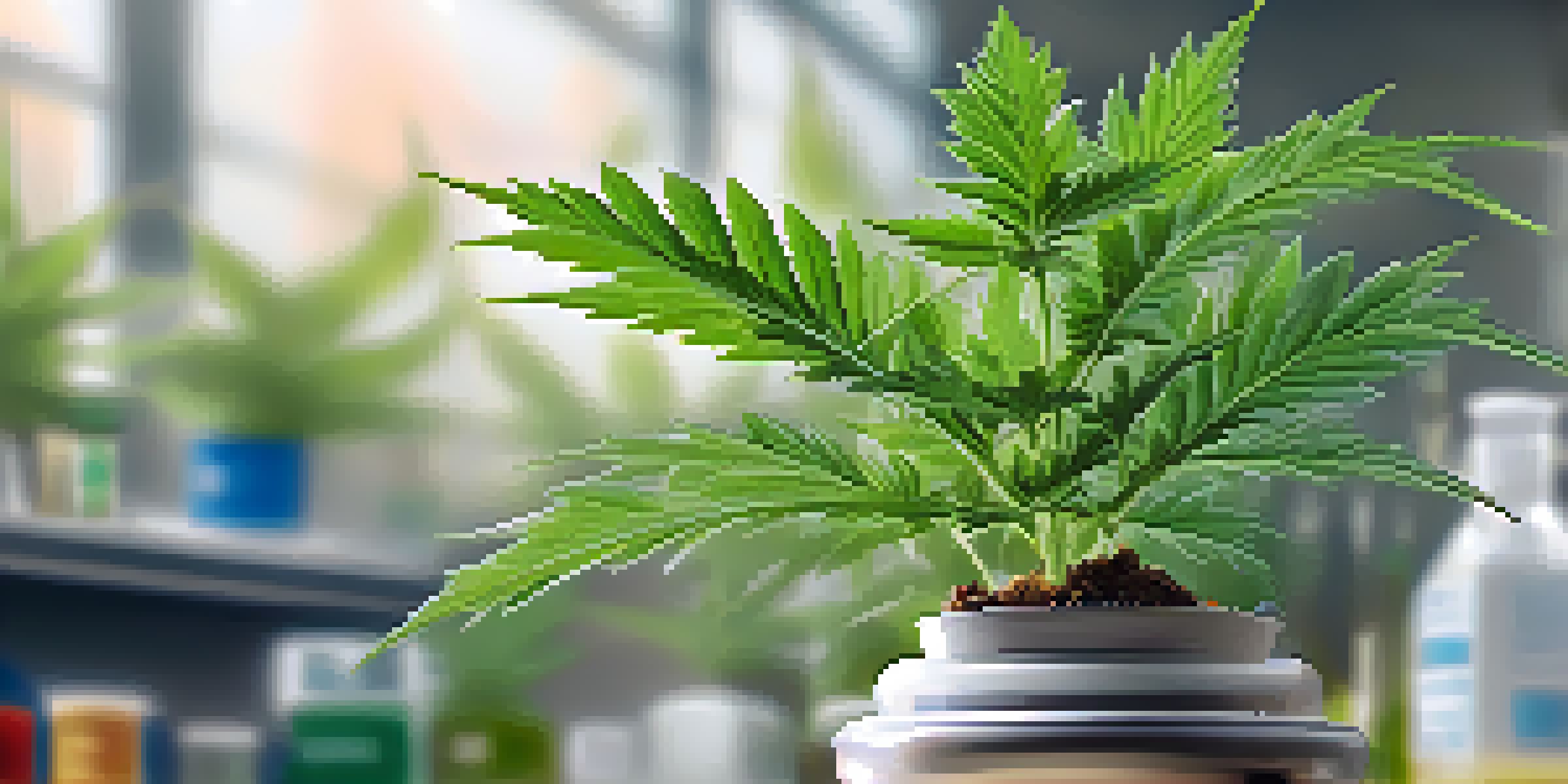 A close-up of a medical marijuana plant with rich green leaves and trichomes, set against a blurred background of lab equipment.
