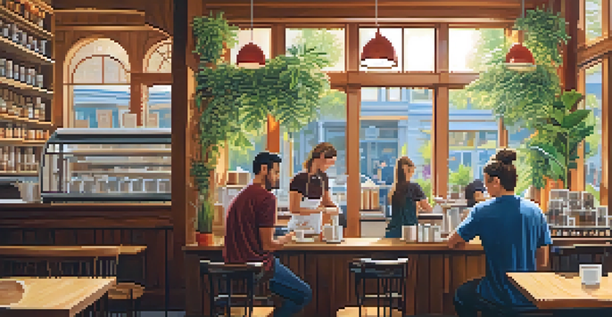 A lively coffee shop with a barista making a latte, sunlight shining through windows, and customers chatting at tables.