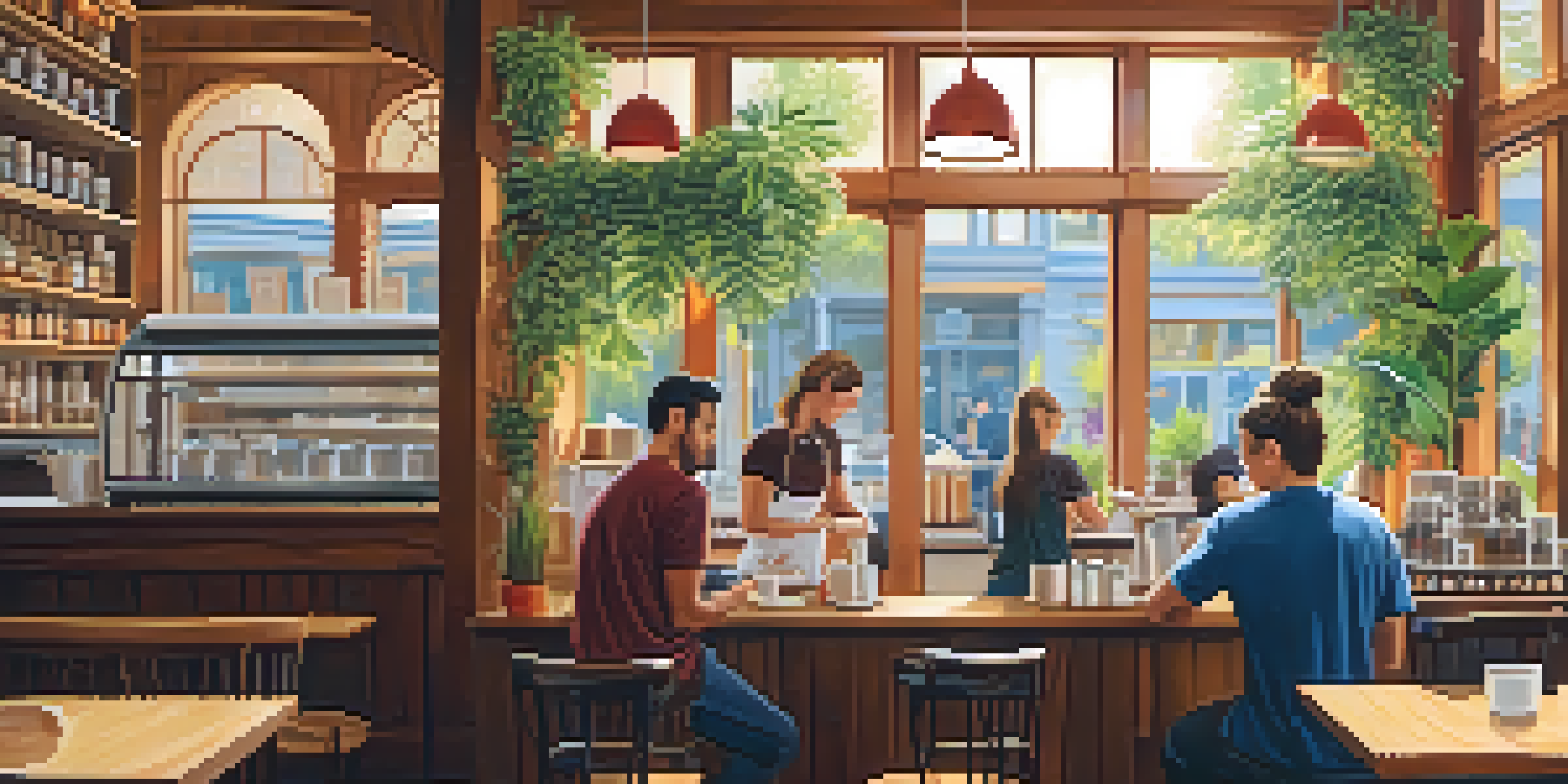 A lively coffee shop with a barista making a latte, sunlight shining through windows, and customers chatting at tables.