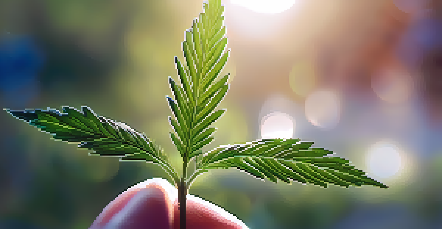 A close-up of a hand holding a cannabis plant with soft lighting in the background.