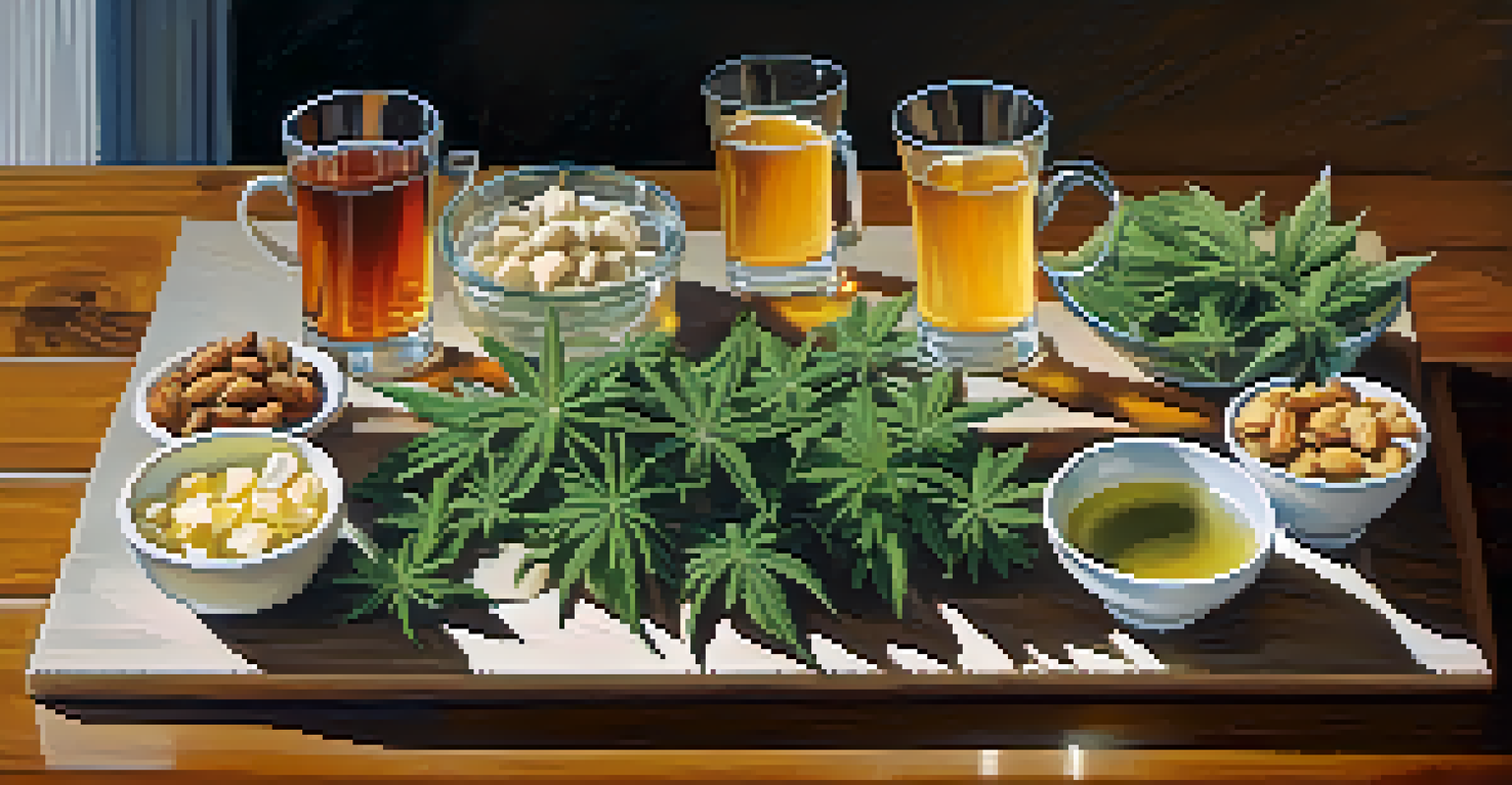 A close-up view of various marijuana strains on a table, with snacks and tea.