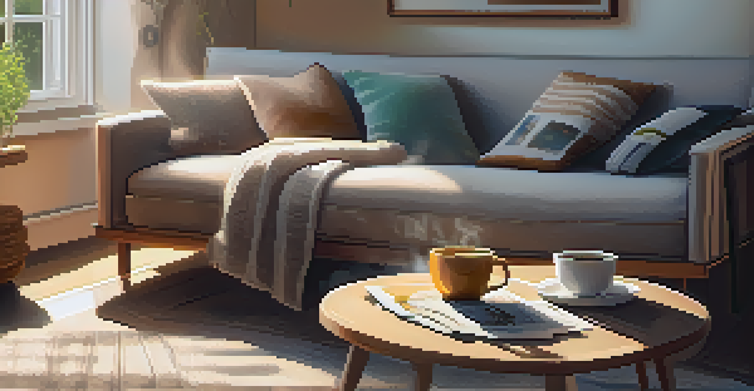 A cozy living room with health magazines and a cup of herbal tea on a coffee table.