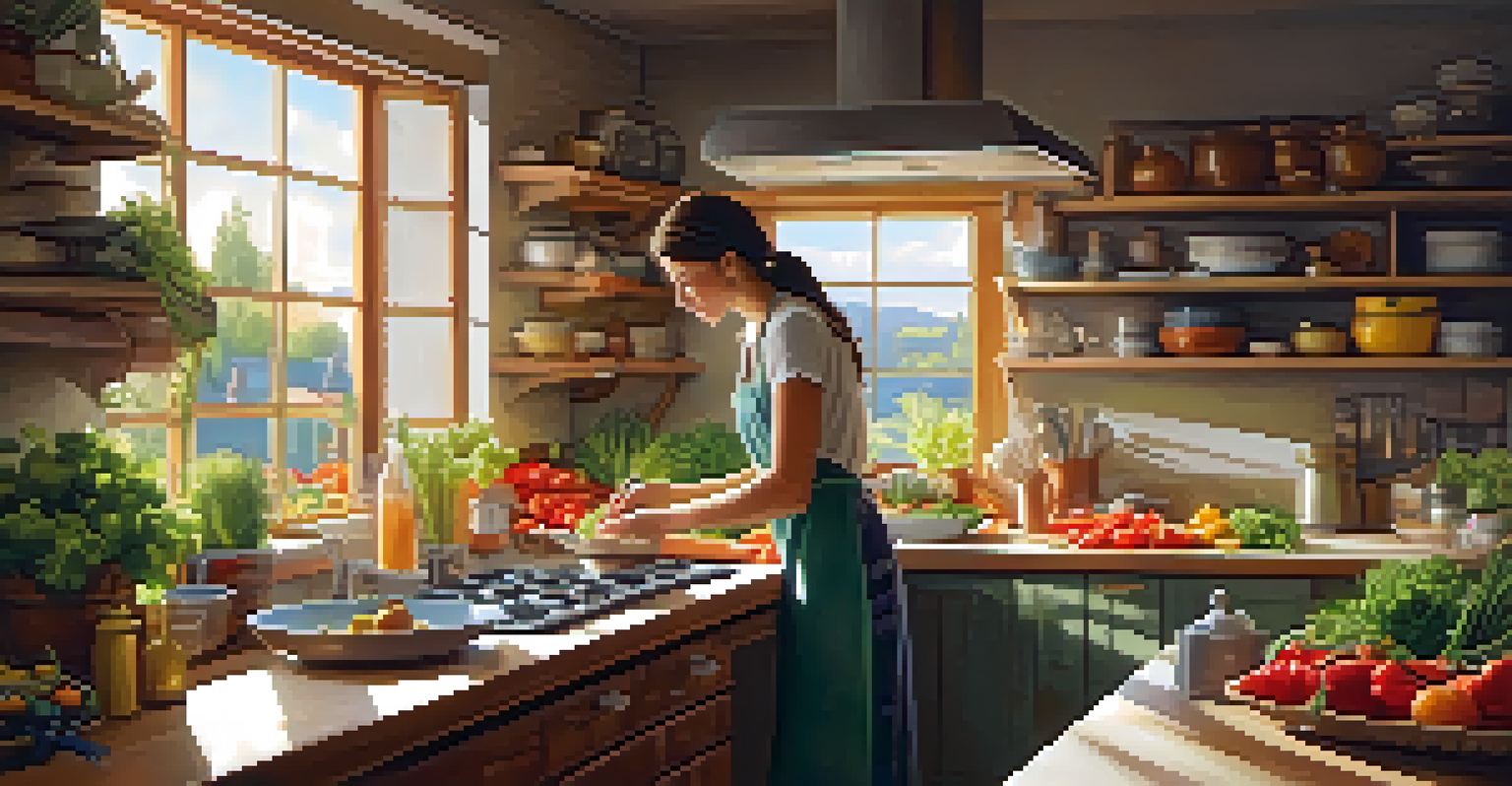 A person cooking in a bright kitchen, surrounded by fresh ingredients and colorful kitchenware.