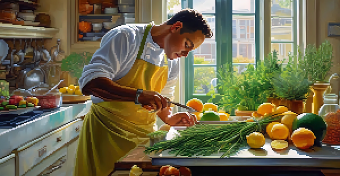 A chef in a kitchen preparing a dish with fresh herbs like rosemary and citrus fruits like lemons, illuminated by soft natural light.