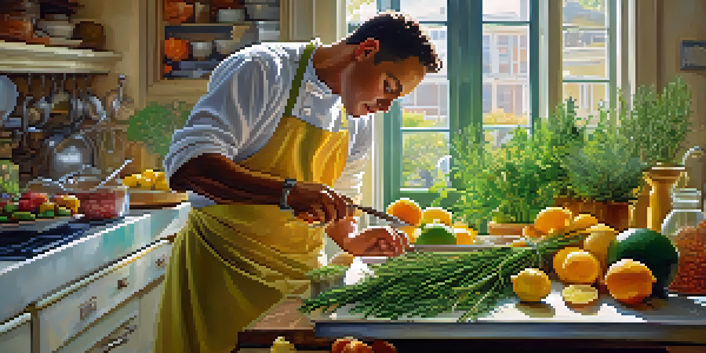 A chef in a kitchen preparing a dish with fresh herbs like rosemary and citrus fruits like lemons, illuminated by soft natural light.