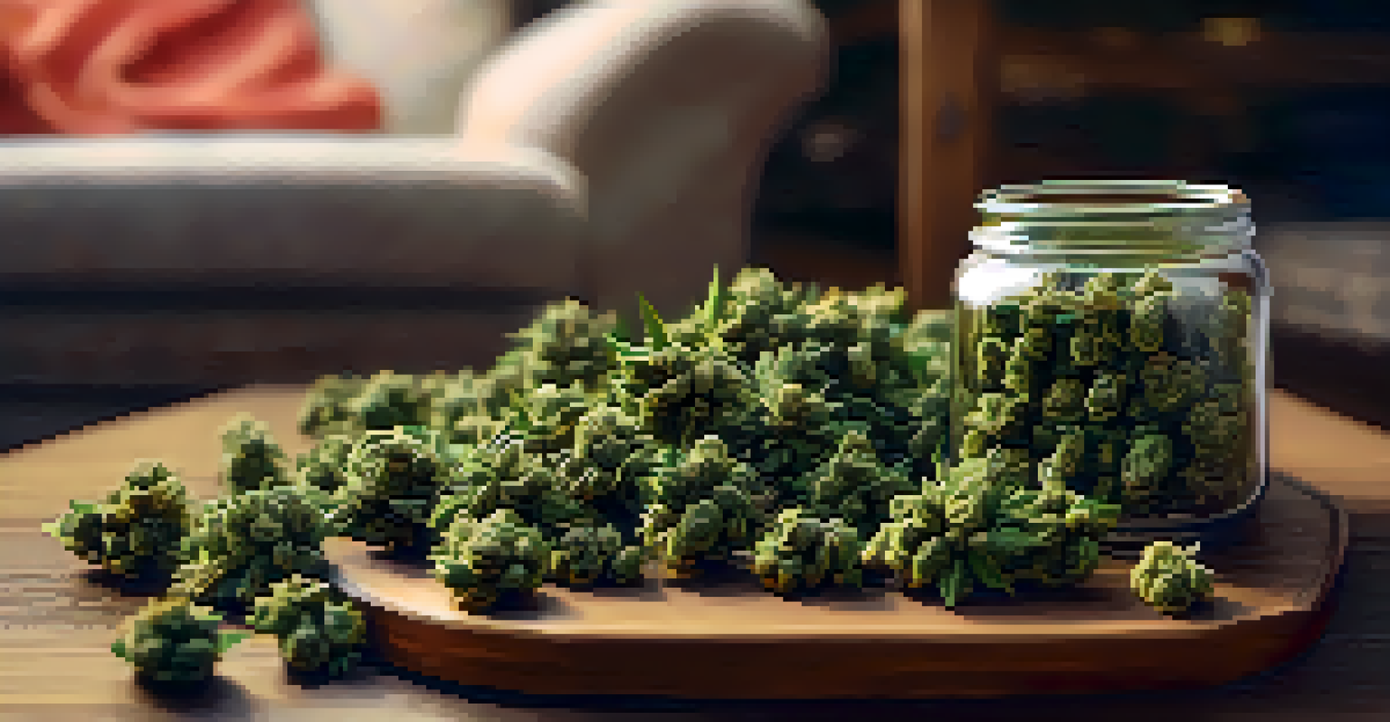 A close-up of a hand holding a glass jar of marijuana on a wooden table, with a cozy living room softly lit in the background.