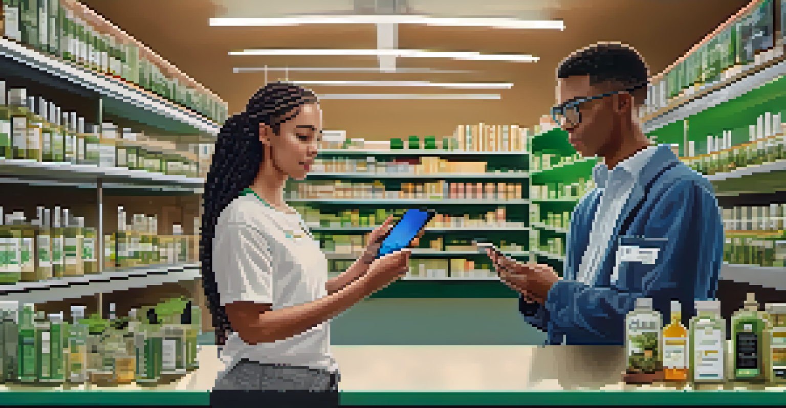 A split-screen image contrasting a young person on social media with cannabis products and an older adult consulting a pharmacist.