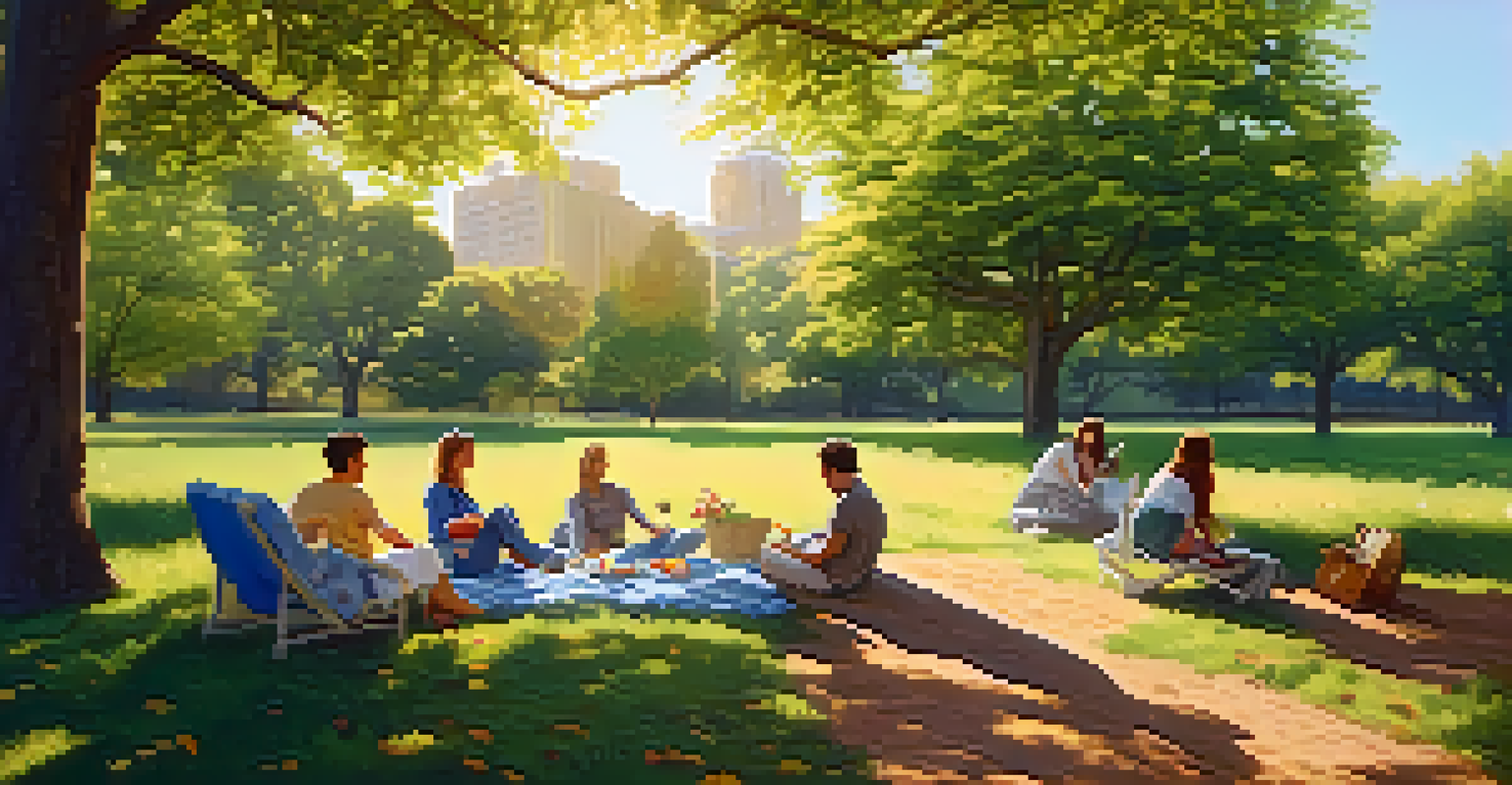 A serene picnic setup under a large tree in a park, with friends enjoying snacks on cushions and blankets in a sunny environment.