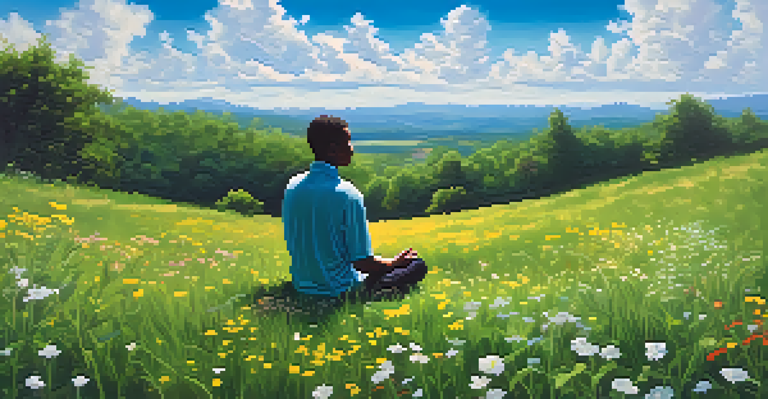 A silhouette meditating in a green field with wildflowers under a blue sky.