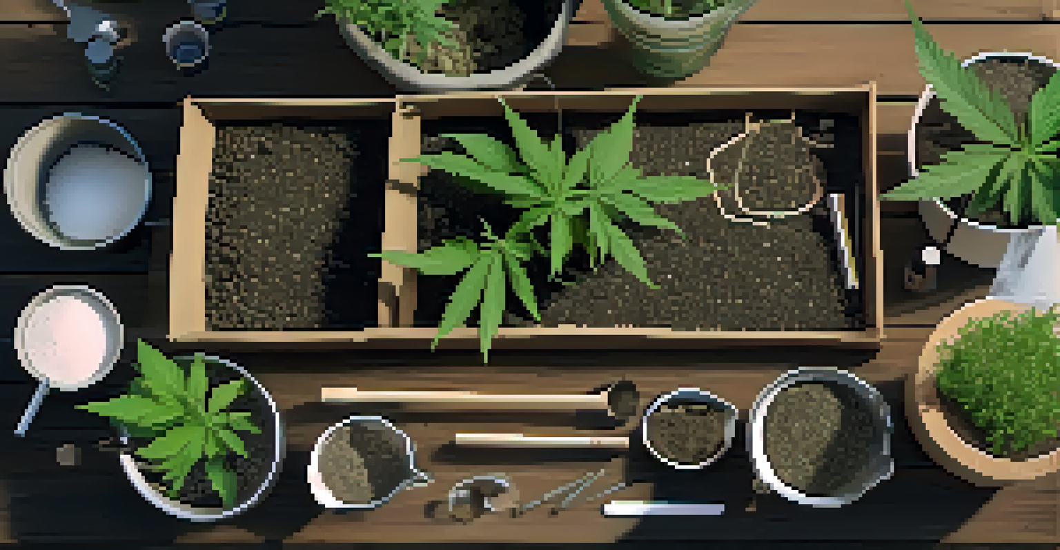 An organized gardening workspace with soil components and tools for cannabis cultivation.