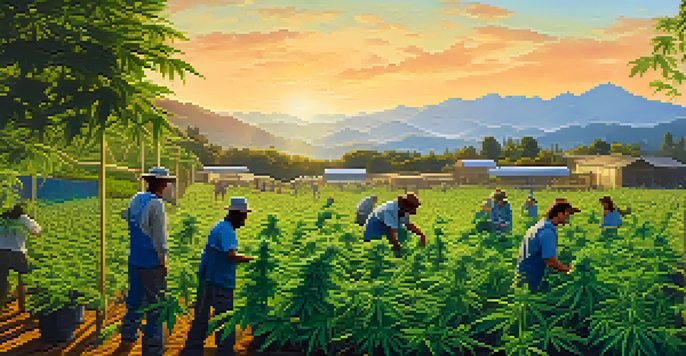 A cannabis farm at sunrise with farmers tending to green marijuana plants, mountains in the background.