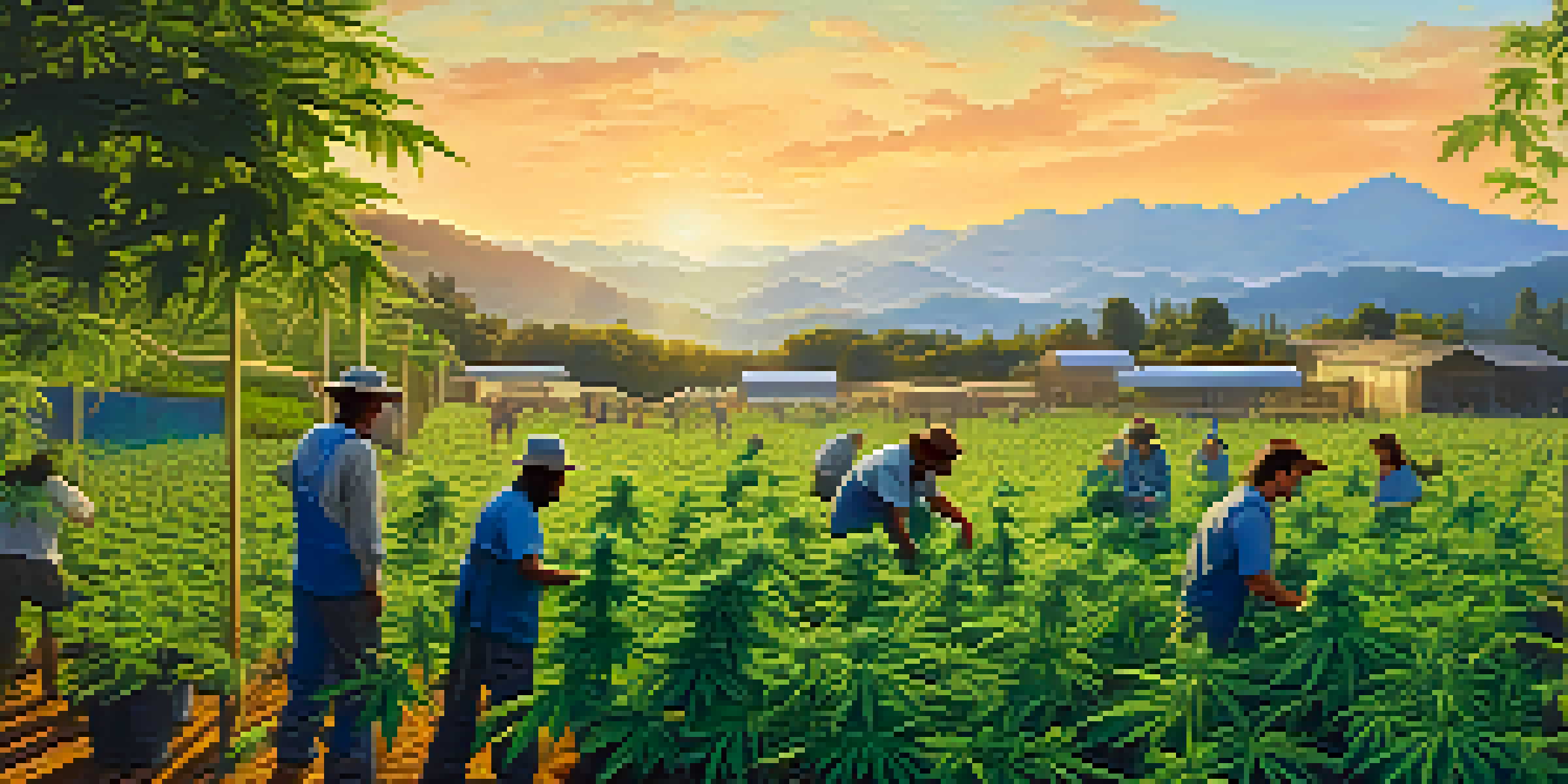 A cannabis farm at sunrise with farmers tending to green marijuana plants, mountains in the background.