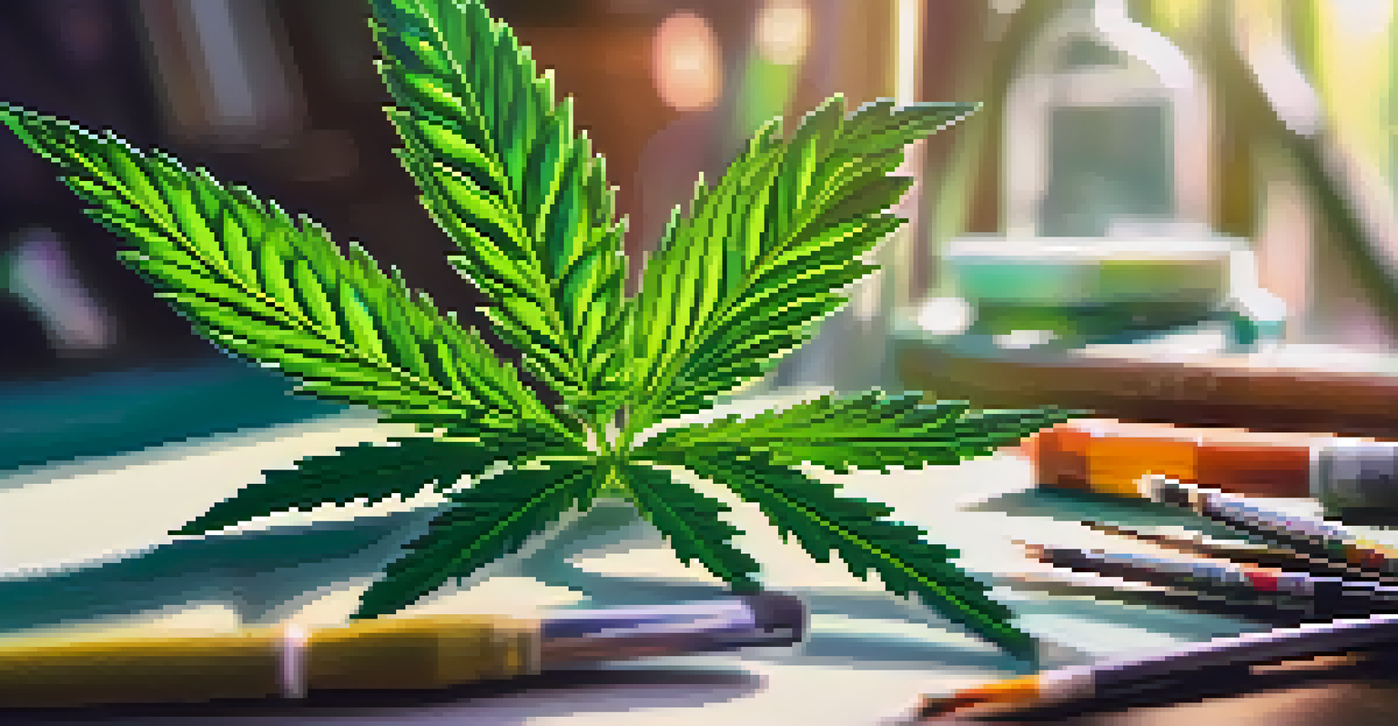A close-up of a cannabis plant with green leaves next to colorful art supplies.