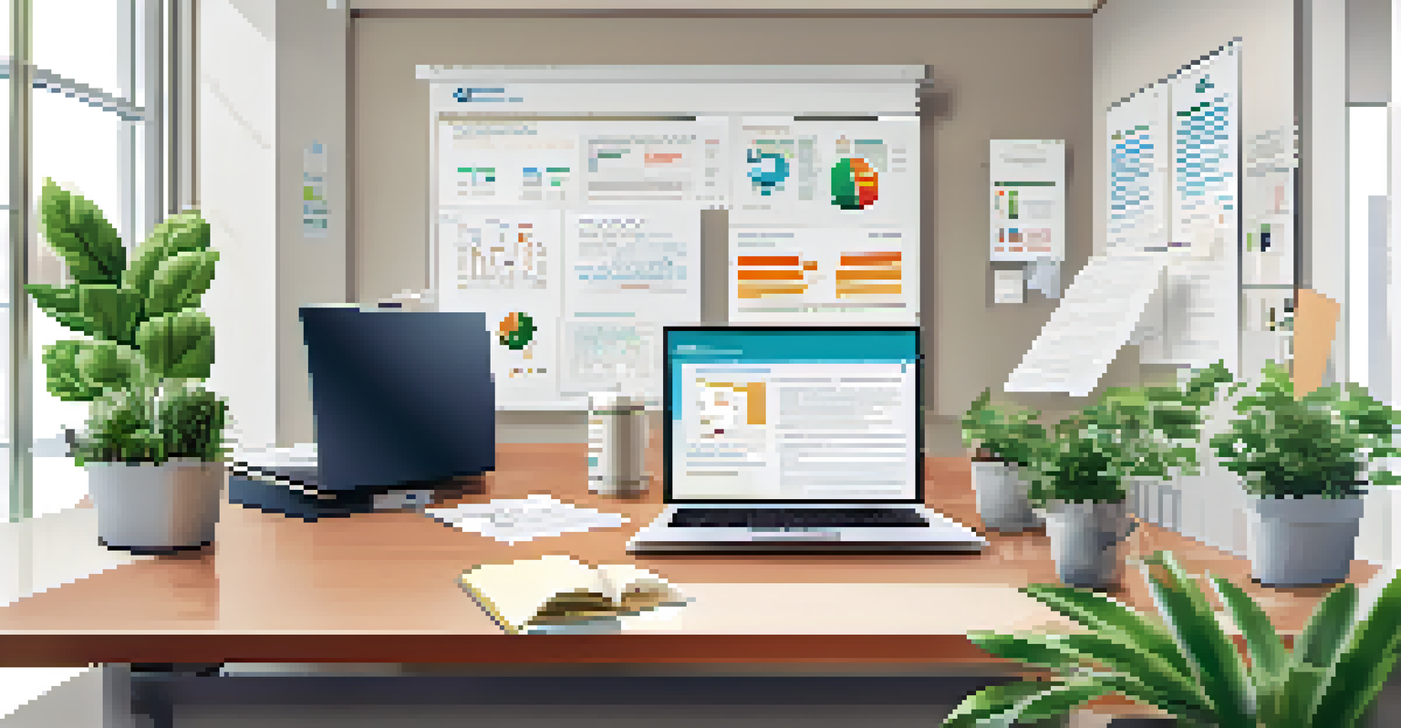 An office scene of a compliance manager working on a laptop with compliance documents around.