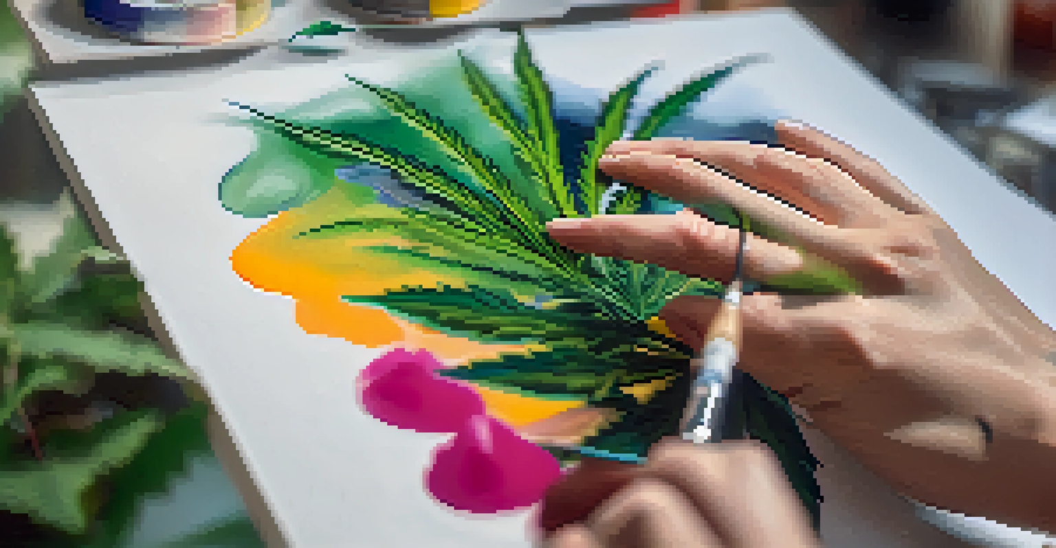 A close-up of a painter's hand applying paint to an abstract canvas featuring cannabis leaf shapes, with blurred plants in the background.