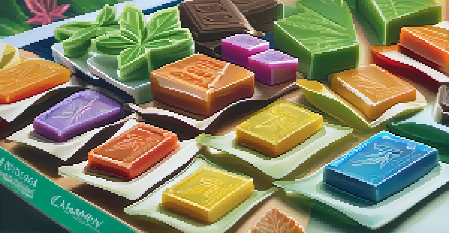 A close-up view of various cannabis edible products with colorful packaging.