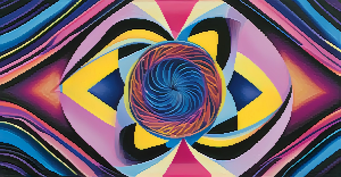 A colorful psychedelic art piece with swirling geometric patterns and a deep purple background.