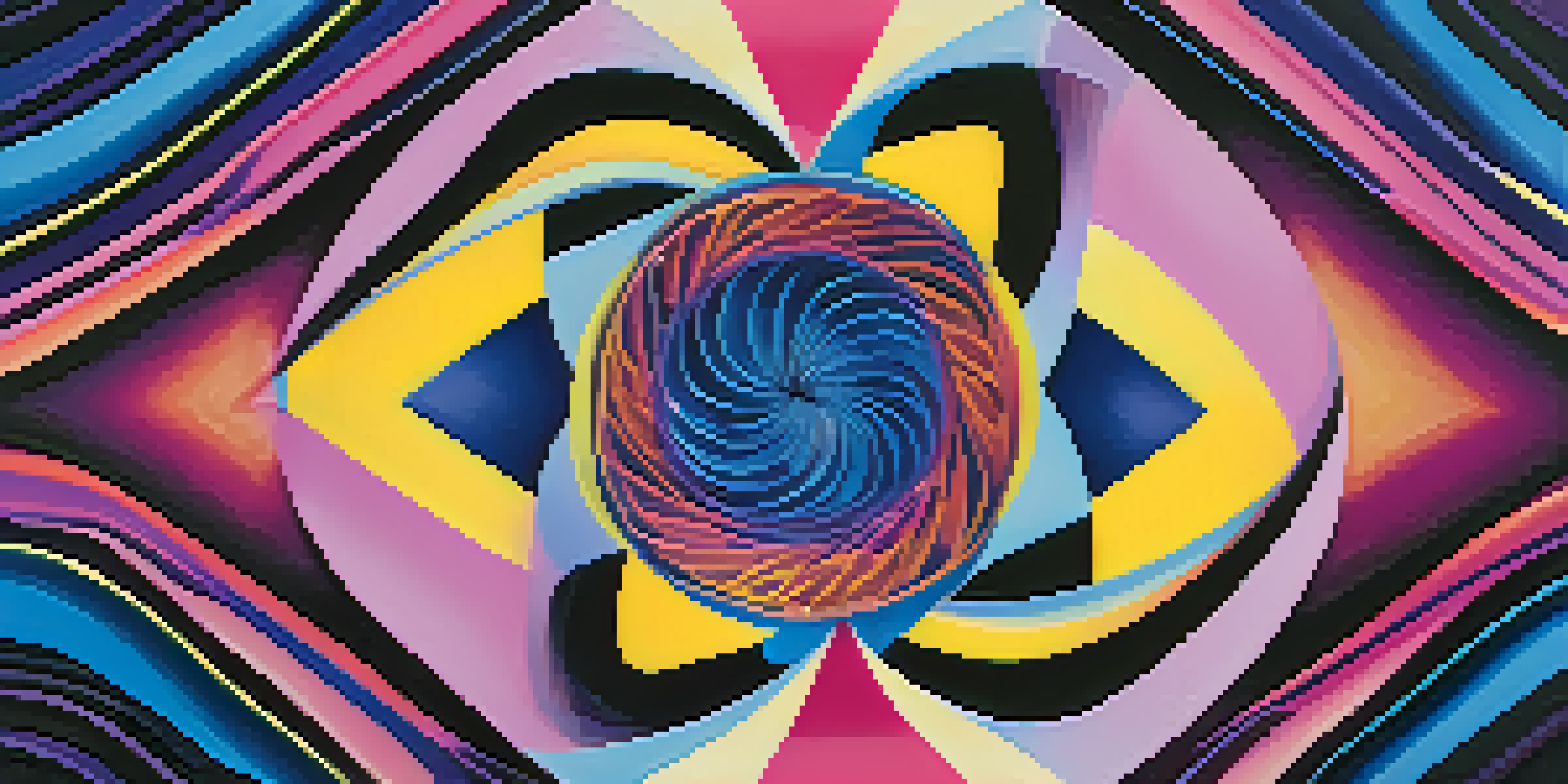 A colorful psychedelic art piece with swirling geometric patterns and a deep purple background.