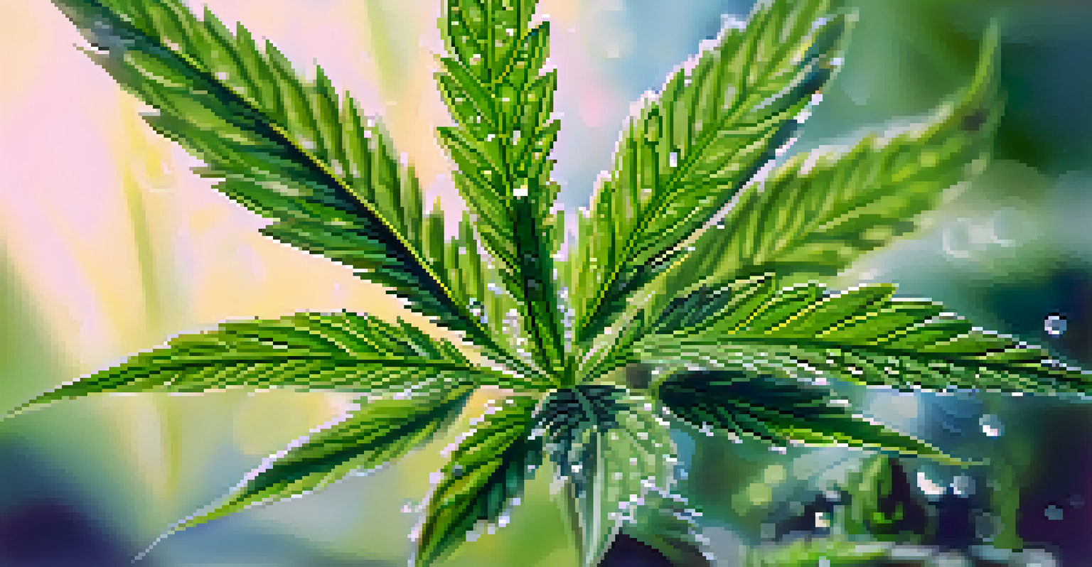 A close-up of a vibrant cannabis plant with dew drops on green leaves, softly blurred background.