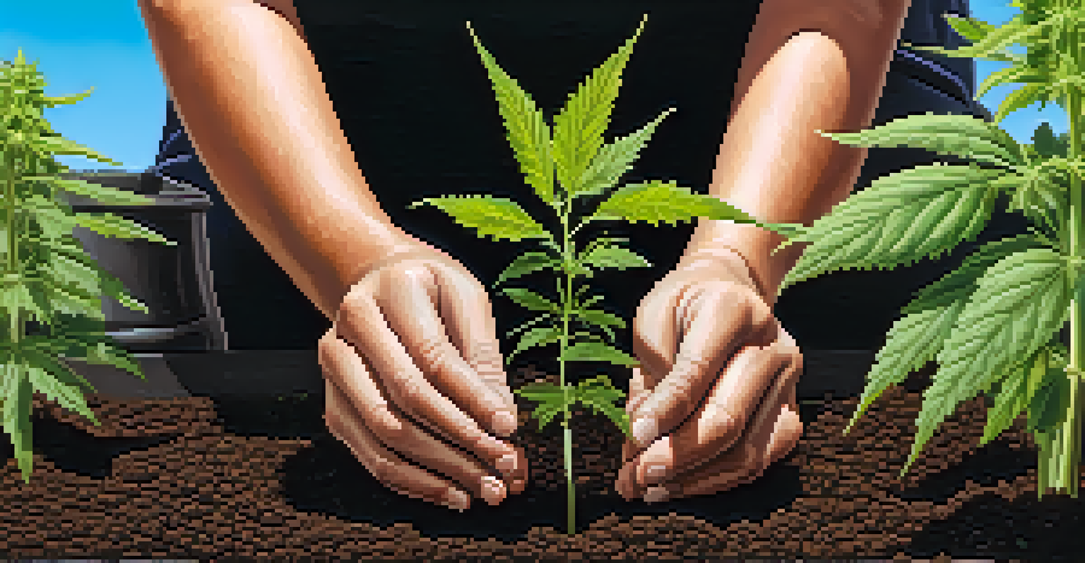 Hands planting cannabis seeds in soil, representing growth and opportunity in urban gardening.