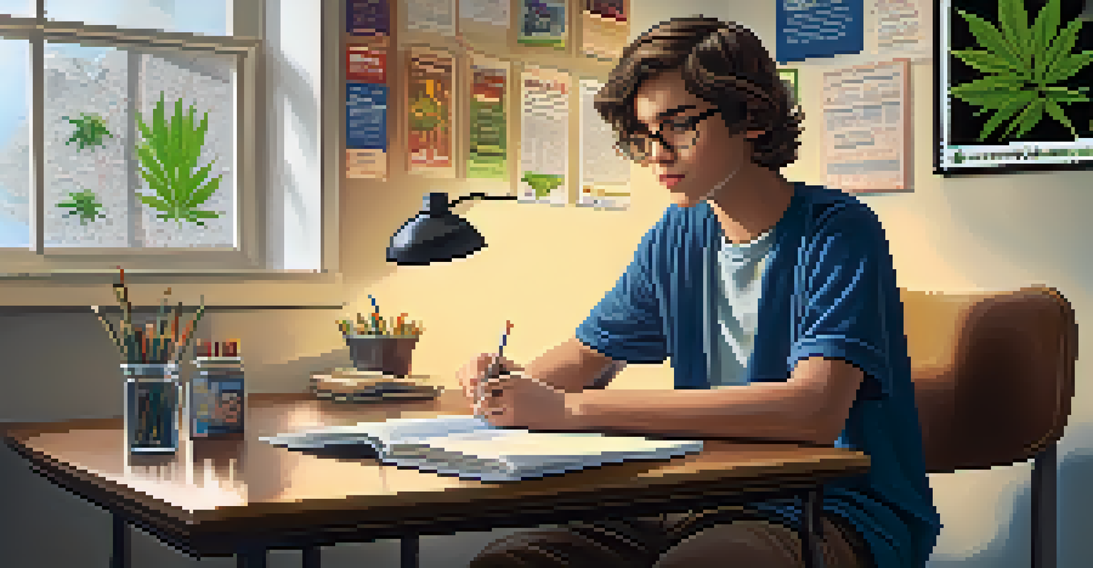 A teenager studying at a desk with educational materials about marijuana, surrounded by informative posters in a cozy room.