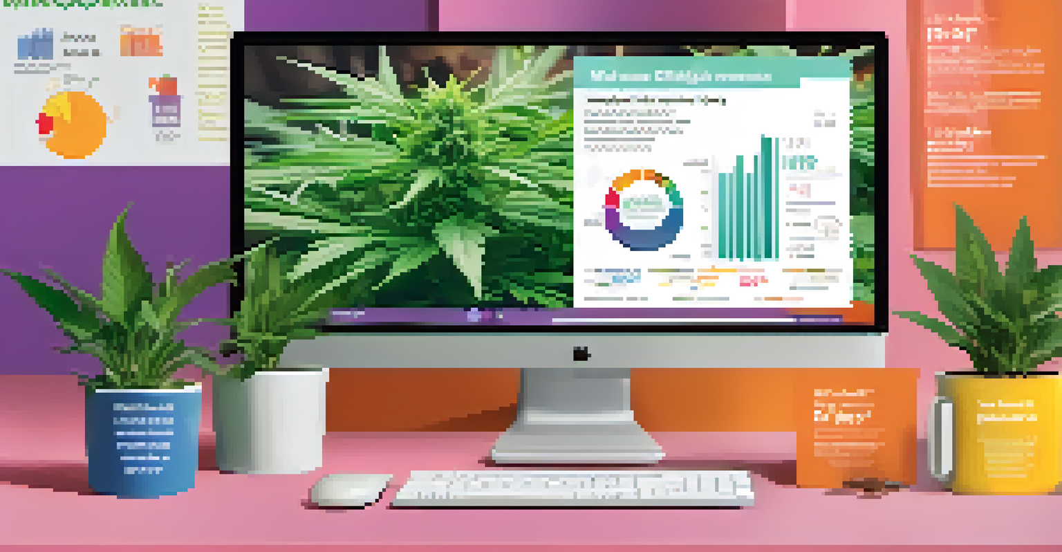 A modern workspace with a computer displaying infographics and statistics about marijuana awareness, highlighting digital outreach efforts.