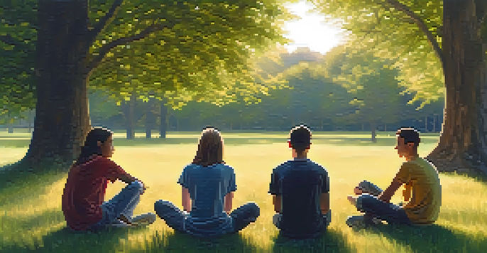 A group of teenagers sitting in a circle on a grassy field, discussing mental health in warm sunlight.