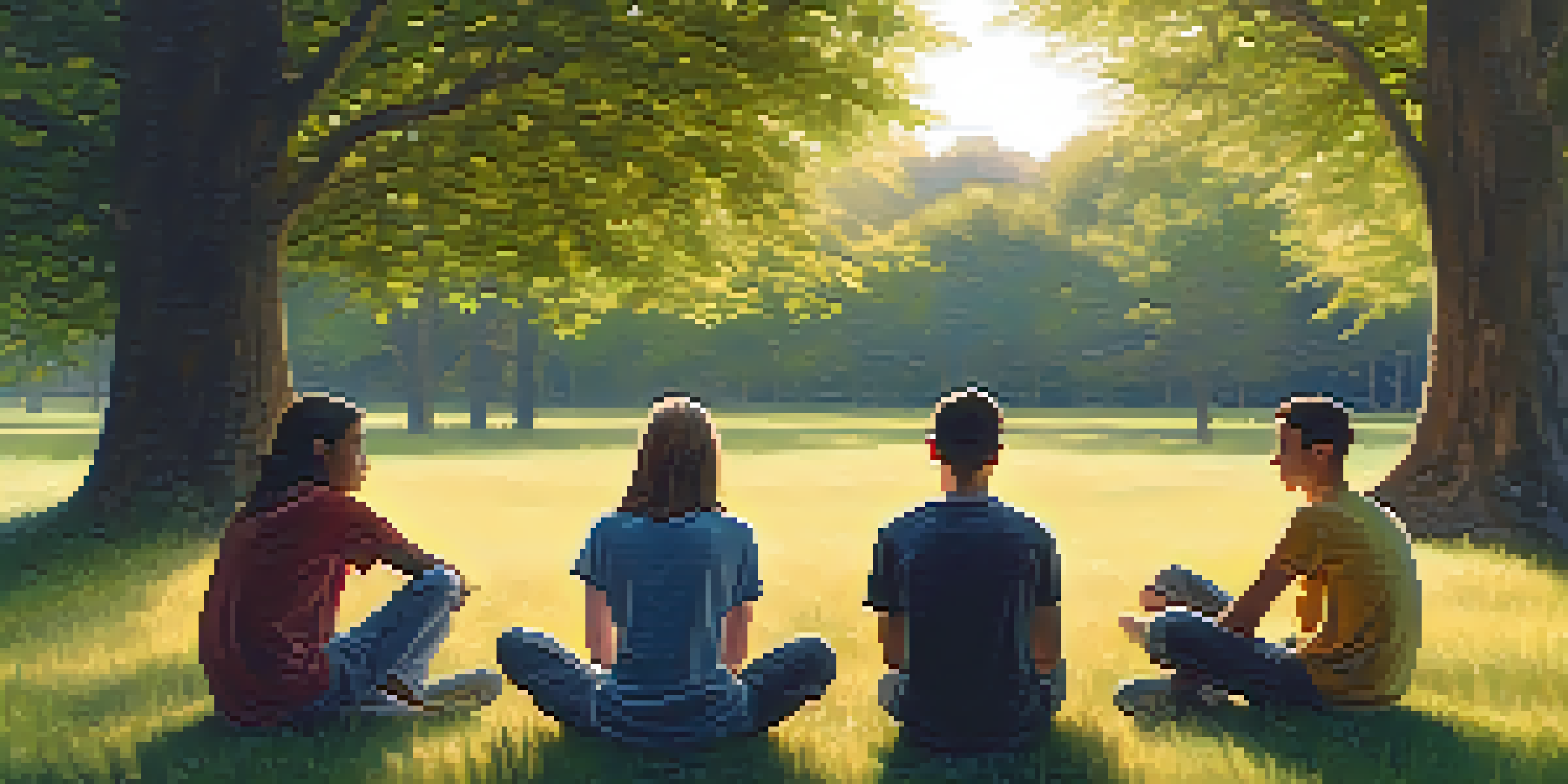 A group of teenagers sitting in a circle on a grassy field, discussing mental health in warm sunlight.