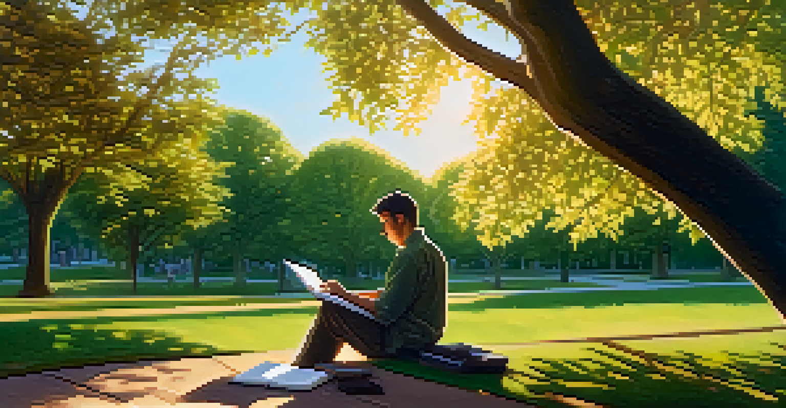 A person journaling under a tree in a park during the golden hour, with sunlight filtering through the leaves.