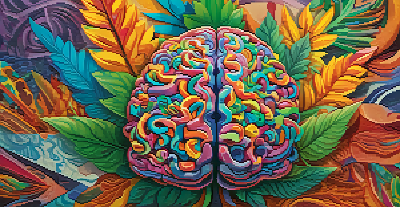 An artistic depiction of a human brain surrounded by colorful abstract patterns, symbolizing the connection between mental health and cannabis.
