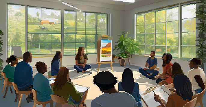 A community workshop with diverse participants discussing responsible marijuana use, featuring bright lighting and visual aids.