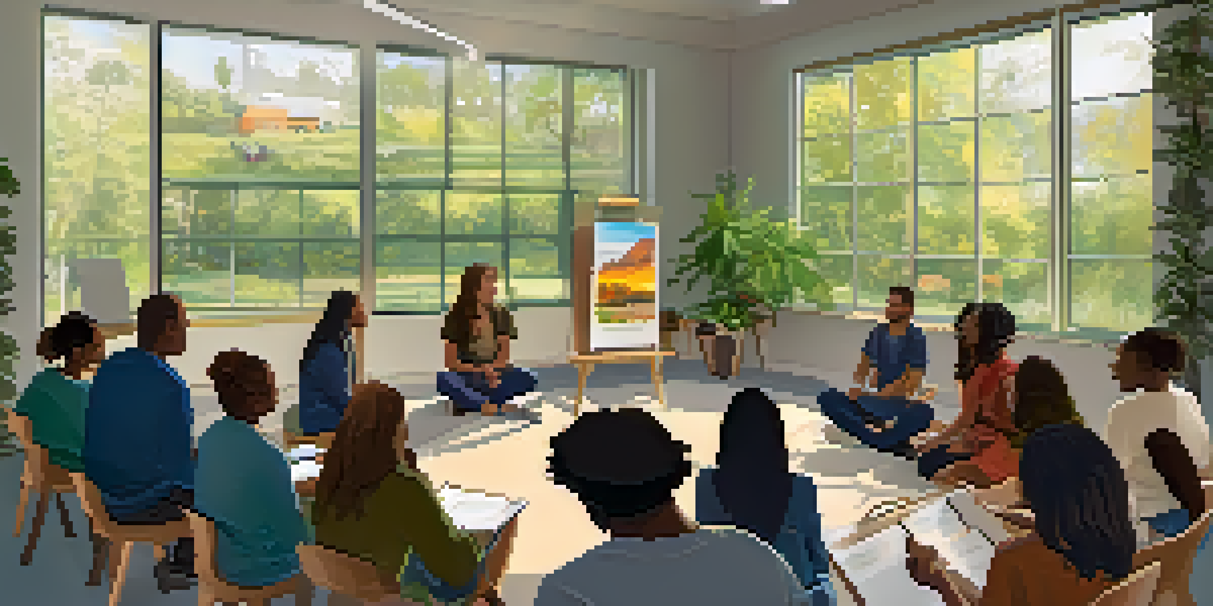 A community workshop with diverse participants discussing responsible marijuana use, featuring bright lighting and visual aids.