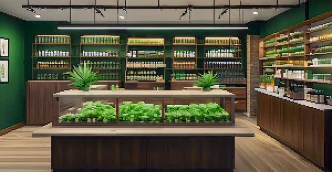 A vibrant interior of a cannabis dispensary with colorful products and customers interacting with staff.