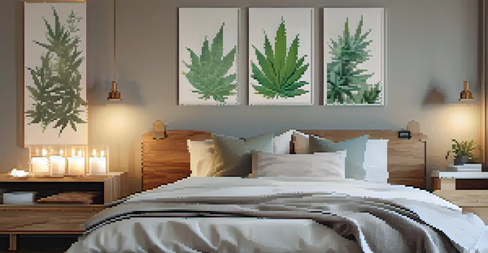 A cozy bedroom with warm lighting, a well-made bed, and a bedside table with cannabis-infused oil and a candle.